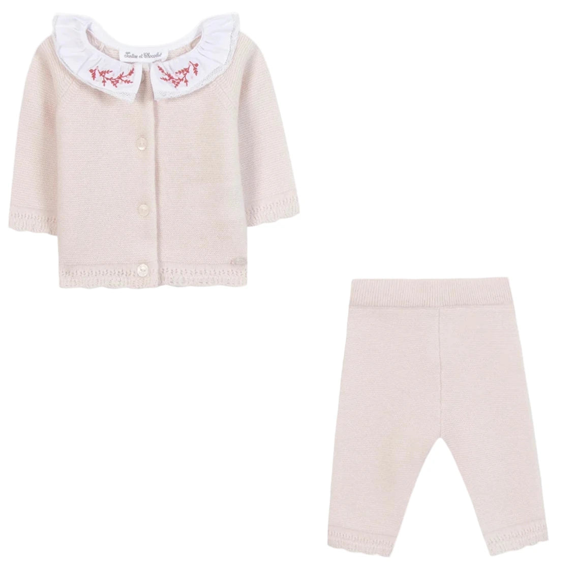 The Tartine et Chocolat Baby Girls' Ruffle Collar Long Sleeved Outfit features pale pink wool and cashmere, a buttoned cardigan with a white ruffled collar and floral embroidery, plus matching pants.