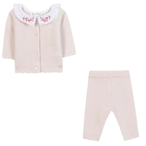 The Tartine et Chocolat Baby Girls' Ruffle Collar Long Sleeved Outfit features pale pink wool and cashmere, a buttoned cardigan with a white ruffled collar and floral embroidery, plus matching pants.
