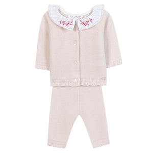 The Tartine et Chocolat Baby Girls' Ruffle Collar Long Sleeved Outfit features a pale pink top with red floral-embroidered white ruffled collar and matching pants—adorable and comfortable for newborns.