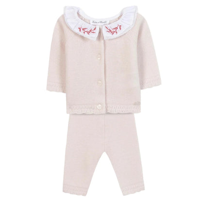 The Tartine et Chocolat Baby Girls' Ruffle Collar Long Sleeved Outfit features a pale pink top with red floral-embroidered white ruffled collar and matching pants—adorable and comfortable for newborns.