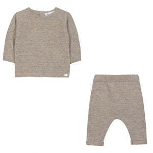 The Tartine et Chocolat Baby Long Sleeved Knit Outfit is a beige wool and cashmere set with a sweater and matching pants, laid flat on a white background—ideal cozy winter clothes for newborn boys.