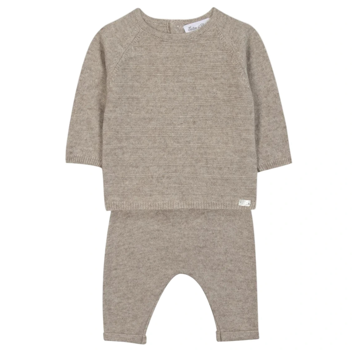 The Tartine et Chocolat Baby Long Sleeved Knit Outfit in beige wool and cashmere includes a cozy sweater and matching pants—ideal winter wear for newborn boys.