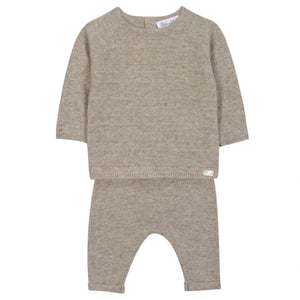 The Tartine et Chocolat Baby Long Sleeved Knit Outfit in beige wool and cashmere includes a cozy sweater and matching pants—ideal winter wear for newborn boys.