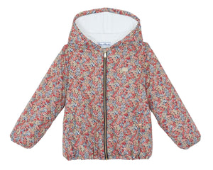 The Girls' Liberty Fabric Down Jacket by Tartine et Chocolat features a colorful floral print, front zipper, and elastic cuffs and hem—a stylish choice for junior girls. Displayed on a white background.