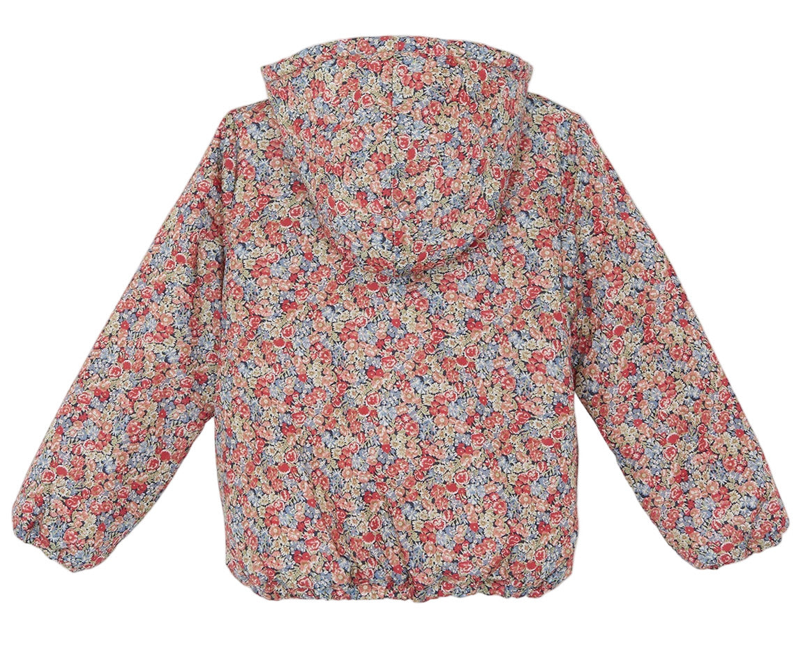 The Tartine et Chocolat Girls' Liberty Fabric Down Jacket features elastic cuffs and a multicolored floral print, shown from the back against a white background.