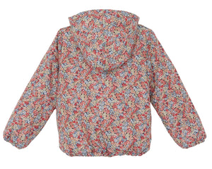 The Tartine et Chocolat Girls' Liberty Fabric Down Jacket features elastic cuffs and a multicolored floral print, shown from the back against a white background.