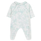 The Baby Girls' Printed Pajamas by Tartine et Chocolat is a white, long-sleeve, footed onesie with a light blue Toile de Jouy-inspired botanical and animal print, shown from the back—ideal as a newborn girl’s pajama set.