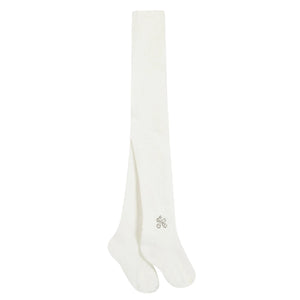 The Tartine et Chocolat Baby Girls' and Girls' Cotton Tights feature plain white fabric with a small embroidered teddy bear near the ankles, offering comfort and style for your little one.