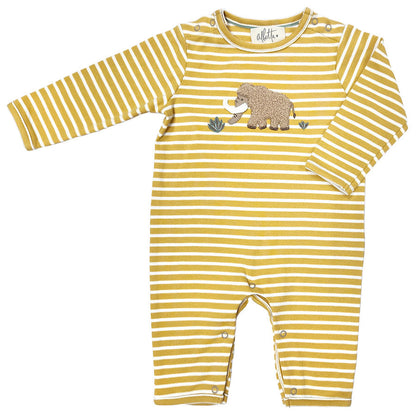 Introducing the Albetta Romper, Mammoth, a delightful yellow and white striped baby romper by Albetta. This outfit is made from premium BCI cotton and showcases a charming hand-embroidered mammoth motif on the front.