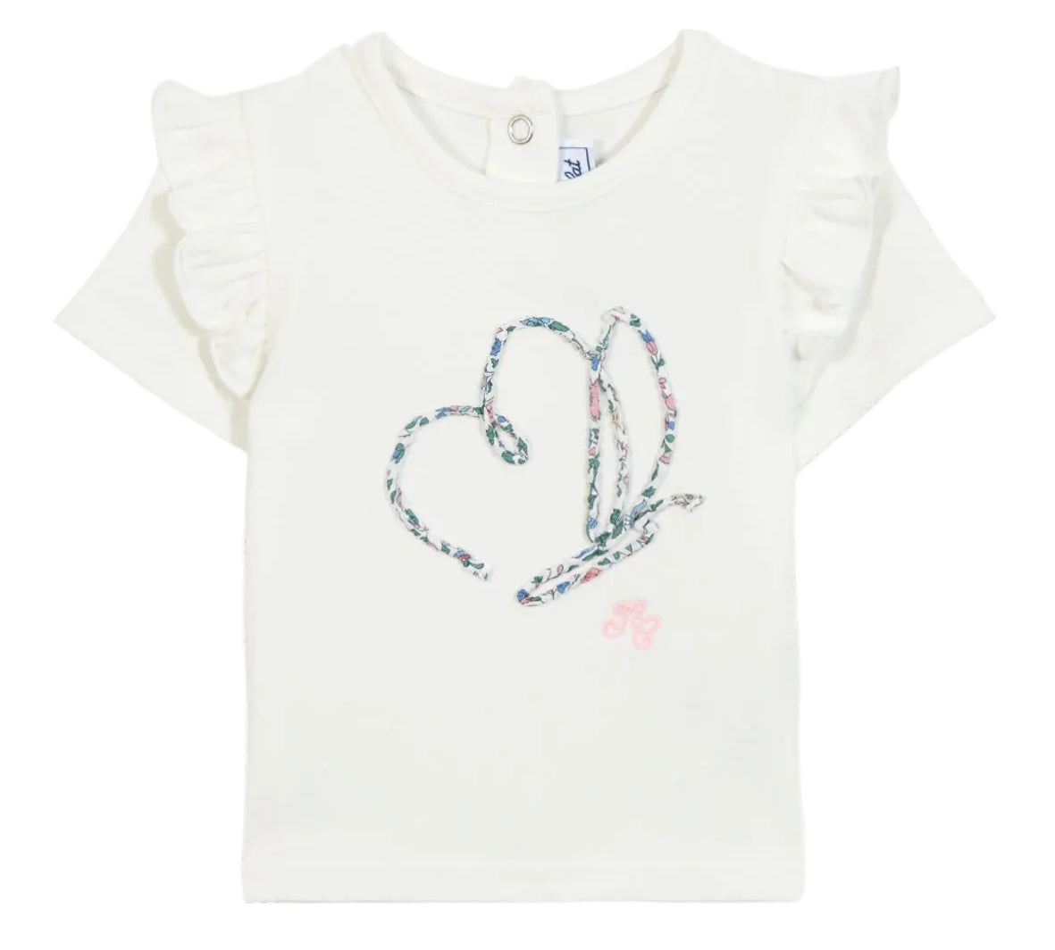 Tartine et Chocolat Baby Girls’ and Girls’ Liberty Butterfly T-shirt featuring short ruffled sleeves and a butterfly design on the front, crafted from beautiful Liberty fabric.