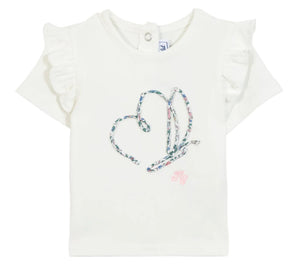 Tartine et Chocolat Baby Girls’ and Girls’ Liberty Butterfly T-shirt featuring short ruffled sleeves and a butterfly design on the front, crafted from beautiful Liberty fabric.