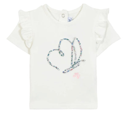 Tartine et Chocolat Baby Girls’ and Girls’ Liberty Butterfly T-shirt featuring short ruffled sleeves and a butterfly design on the front, crafted from beautiful Liberty fabric.