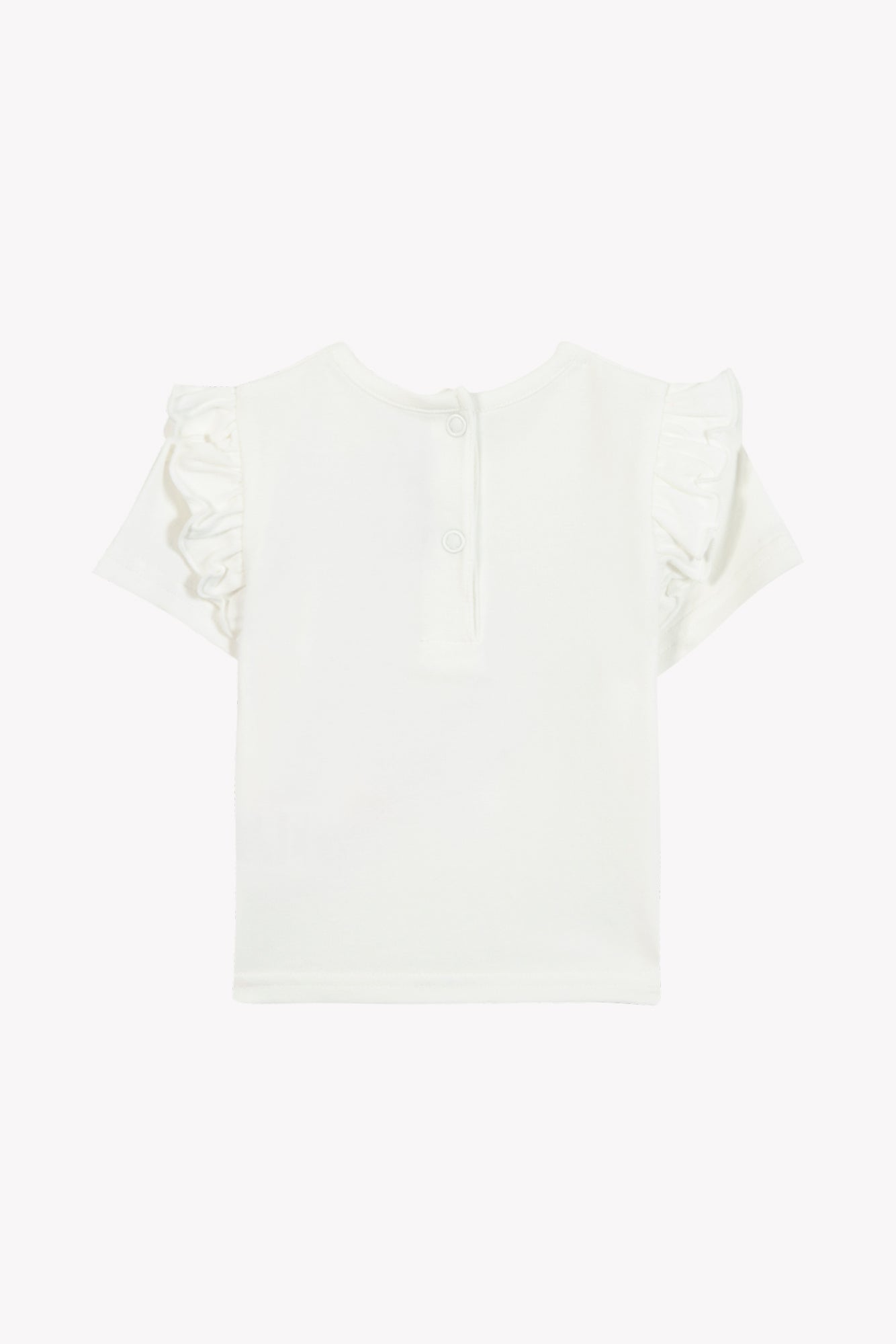 Back view of the Tartine et Chocolat Baby Girls’ and Girls’ Liberty Butterfly T-shirt, showcasing delicate ruffled short sleeves and a button placket at the neckline, beautifully crafted from soft white Liberty fabric.
