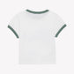 Explorer Illustration T-shirt by Tartine et Chocolat: kids’ white cotton short-sleeve tee featuring green trim on the collar and sleeve cuffs, displayed from the back against a plain white background.