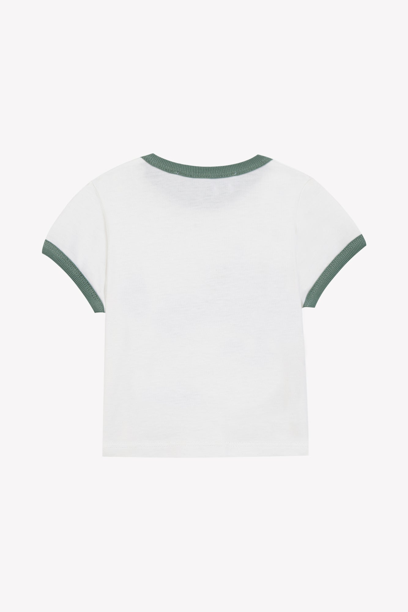 Explorer Illustration T-shirt by Tartine et Chocolat: kids’ white cotton short-sleeve tee featuring green trim on the collar and sleeve cuffs, displayed from the back against a plain white background.