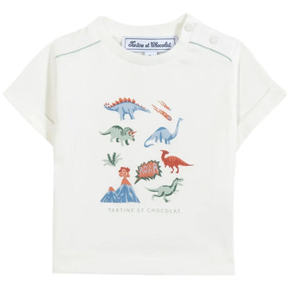 The Tartine et Chocolat Baby Boys’ and Boys’ Illustrated Cotton T-Shirt is crafted from 100% cotton, featuring vibrant dinosaur illustrations, a playful “ROAR” graphic, and the brand name printed below—perfect for little explorers.