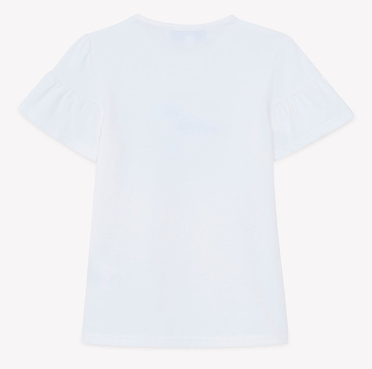 Girls’ Beach Illustration T-Shirt by Tartine et Chocolat, featuring ruffled short sleeves and a charming beach design, is shown from the back against a white background—a delightful choice for sunny days.