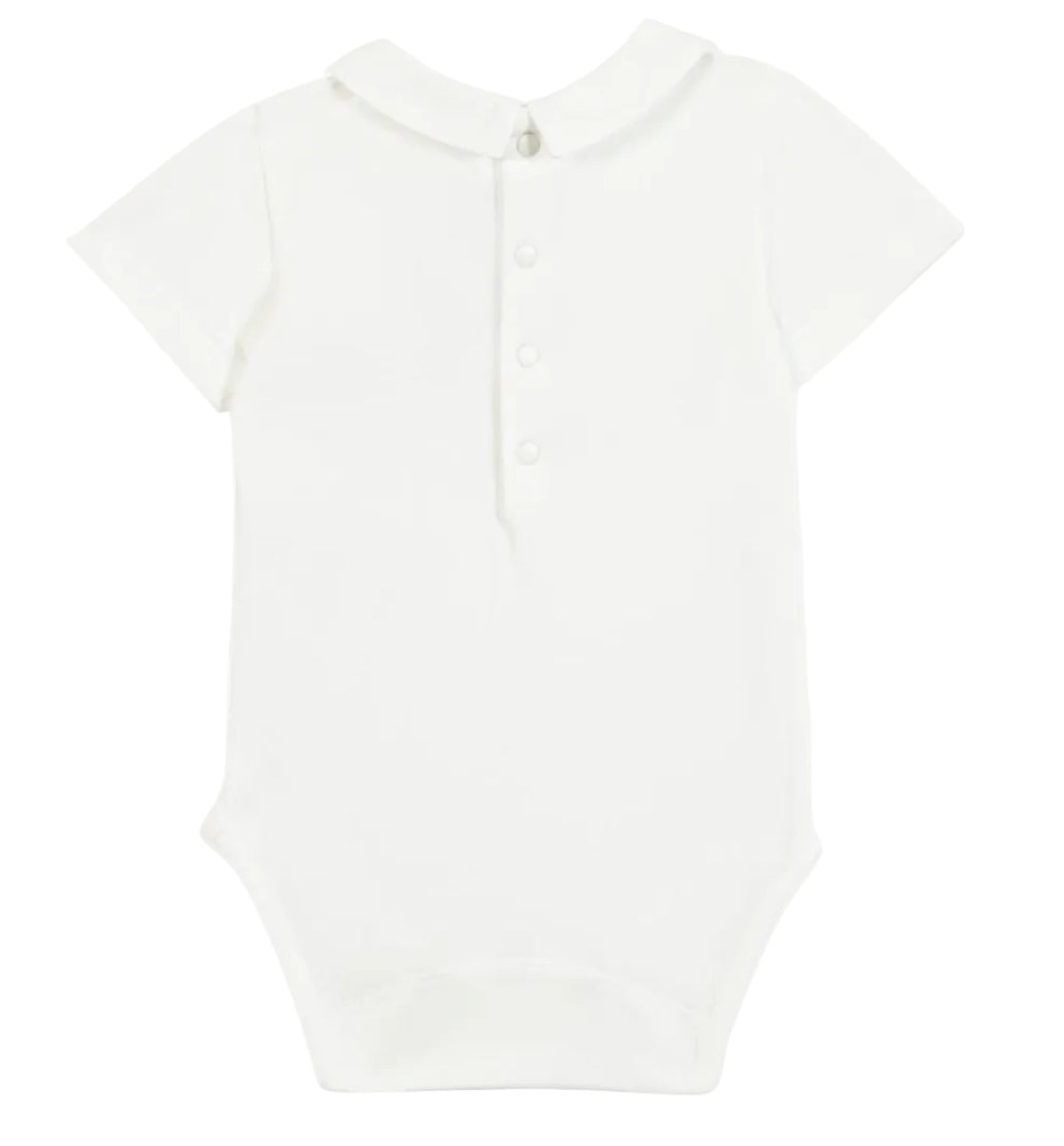 The Tartine et Chocolat Baby Boys’ Pointed Collar Onesie, a white short-sleeved bodysuit with an embroidered collar and three front buttons, is displayed laid flat on a white background.