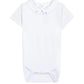 The Tartine et Chocolat Baby Boys’ Pointed Collar Onesie is a plain white bodysuit with an embroidered pointed collar, short sleeves, and practical snap buttons at the neck and crotch, shown against a white background.