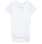 The Tartine et Chocolat Baby Boys’ Pointed Collar Onesie is a plain white bodysuit with an embroidered pointed collar, short sleeves, and practical snap buttons at the neck and crotch, shown against a white background.
