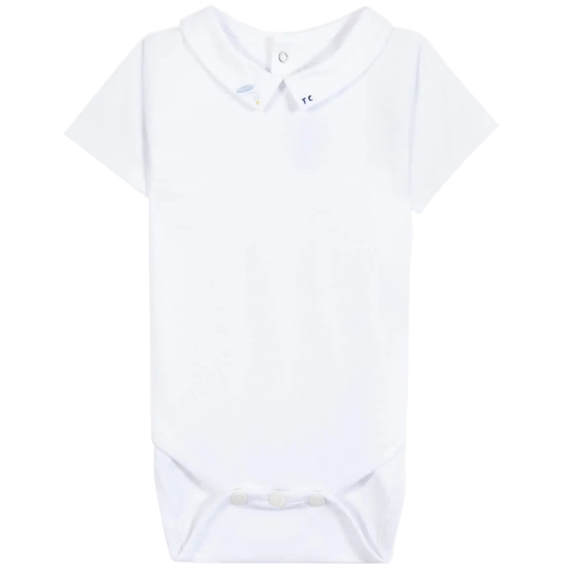 The Tartine et Chocolat Baby Boys’ Pointed Collar Onesie is a plain white bodysuit with an embroidered pointed collar, short sleeves, and practical snap buttons at the neck and crotch, shown against a white background.