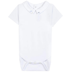 The Tartine et Chocolat Baby Boys’ Pointed Collar Onesie is a plain white bodysuit with an embroidered pointed collar, short sleeves, and practical snap buttons at the neck and crotch, shown against a white background.