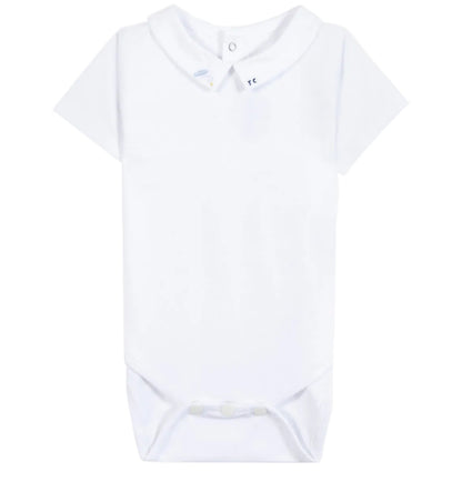 The Tartine et Chocolat Baby Boys’ Pointed Collar Onesie is a plain white bodysuit with an embroidered pointed collar, short sleeves, and practical snap buttons at the neck and crotch, shown against a white background.