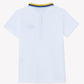 Back view of the Boys’ Surfer Polo Shirt by Tartine et Chocolat in white, showcasing a blue and yellow striped collar, displayed on a plain background.