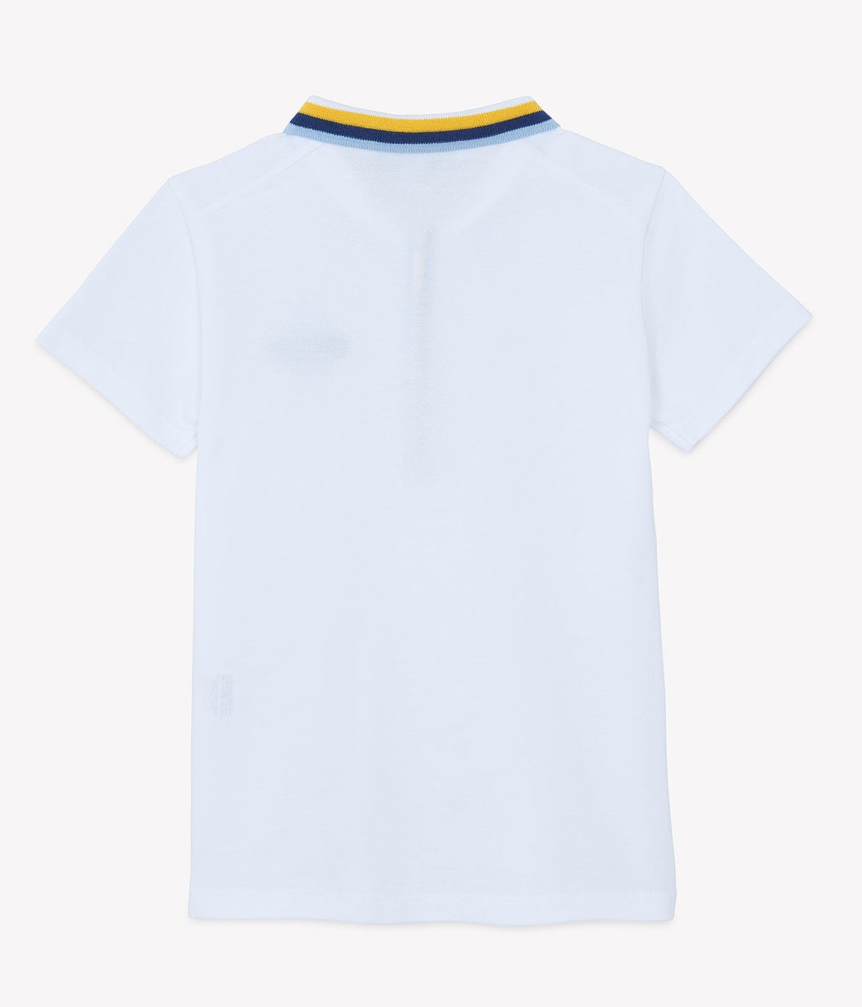 Back view of the Boys’ Surfer Polo Shirt by Tartine et Chocolat in white, showcasing a blue and yellow striped collar, displayed on a plain background.