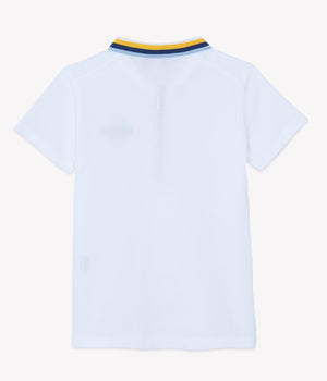 Back view of the Boys’ Surfer Polo Shirt by Tartine et Chocolat in white, showcasing a blue and yellow striped collar, displayed on a plain background.