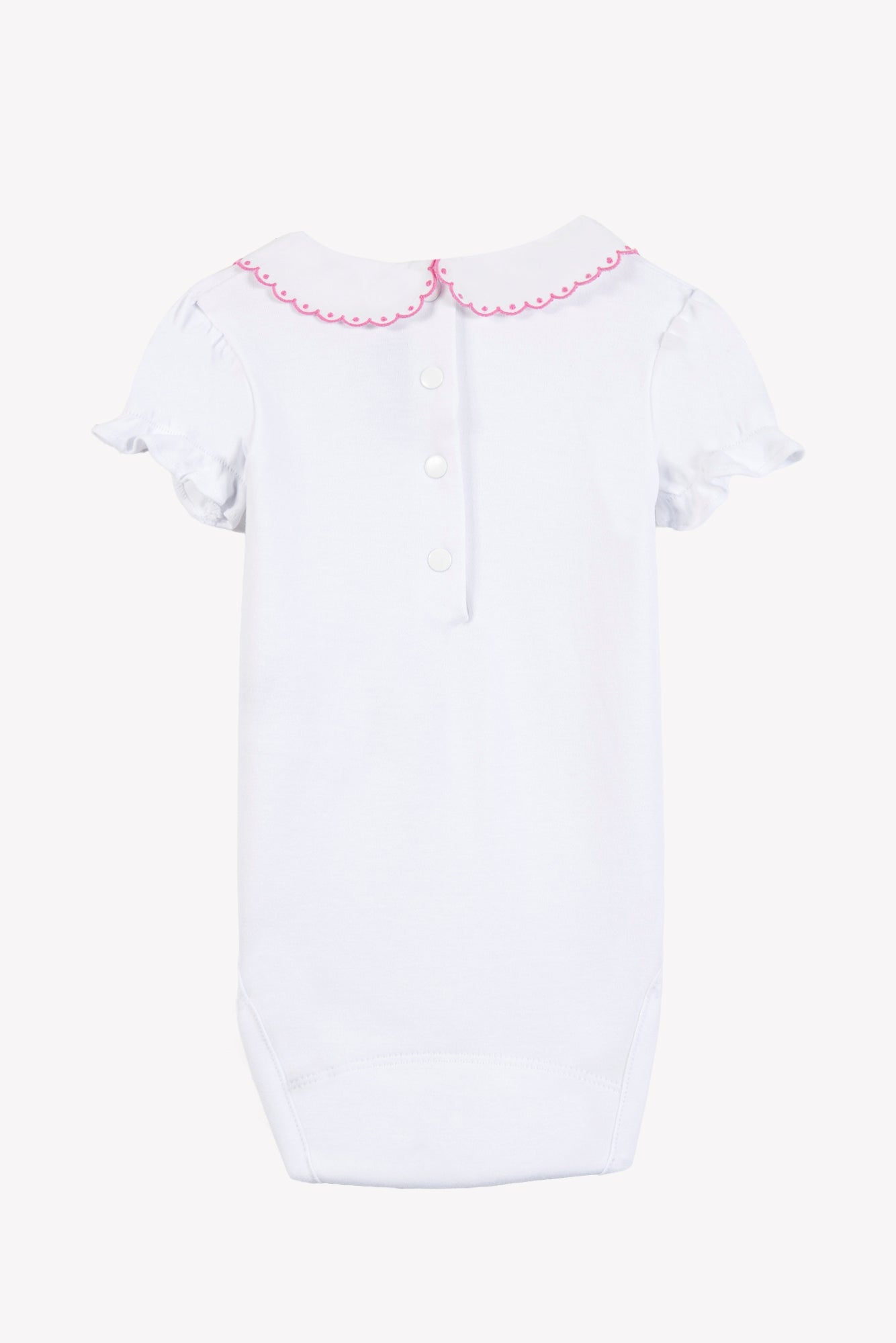 The Tartine et Chocolat Baby Girls’ Peter Pan Collared Onesie features short ruffled sleeves, a Peter Pan collar with pink scalloped trim, delicate embroidered flowers, and three snap buttons at the back.