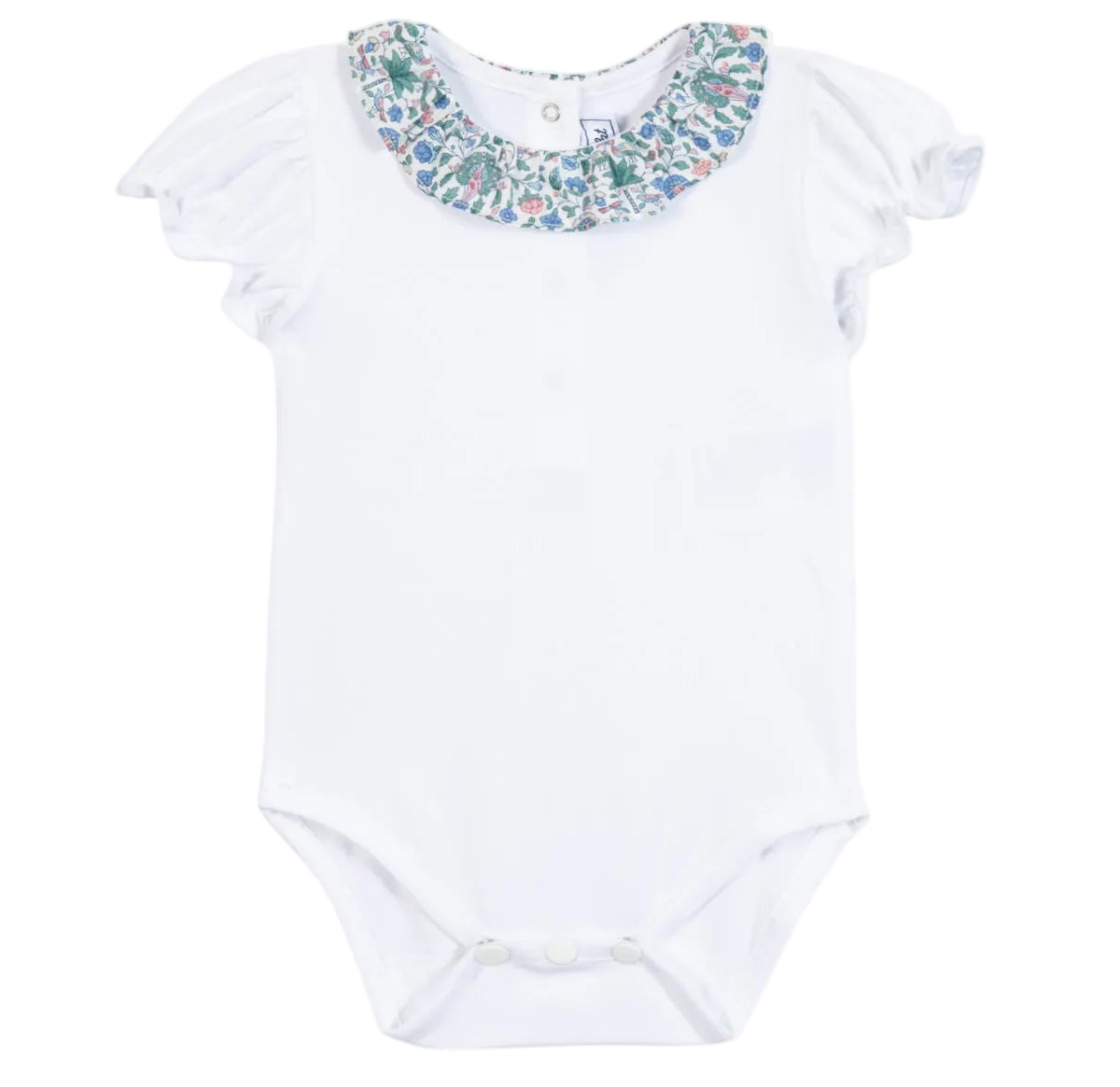 Introducing the Baby Girls’ Liberty Fabric Collar Onesie by Tartine et Chocolat—a sweet white baby bodysuit featuring short ruffled sleeves and a floral Liberty fabric ruffled collar. Convenient snap closures at the bottom make this charming piece perfect for a spring outfit.