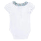 The Tartine et Chocolat Baby Girls’ Liberty Fabric Collar Onesie features short ruffled sleeves, front buttons, and a charming floral-patterned peter pan collar made from soft Liberty fabric—making it the perfect spring outfit for your little one. Displayed against a plain background.