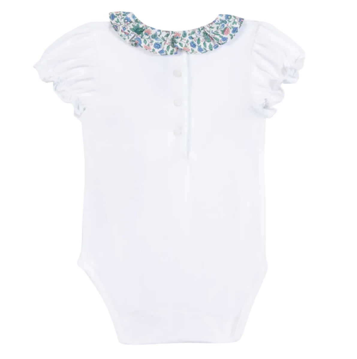 The Tartine et Chocolat Baby Girls’ Liberty Fabric Collar Onesie features short ruffled sleeves, front buttons, and a charming floral-patterned peter pan collar made from soft Liberty fabric—making it the perfect spring outfit for your little one. Displayed against a plain background.