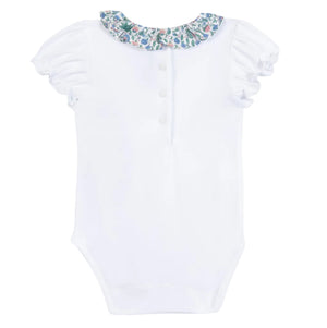 The Tartine et Chocolat Baby Girls’ Liberty Fabric Collar Onesie features short ruffled sleeves, front buttons, and a charming floral-patterned peter pan collar made from soft Liberty fabric—making it the perfect spring outfit for your little one. Displayed against a plain background.