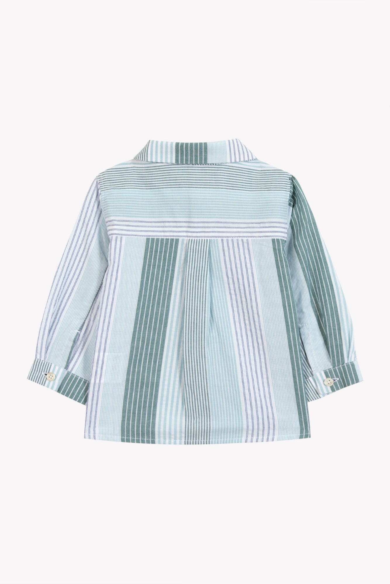 Tartine et Chocolat Baby Boys’ and Toddler Badge Shirt features long sleeves with buttoned cuffs, a classic collar, and vertical green and white stripes. Crafted from soft cotton for all-day comfort, this shirt is perfect for casual looks and is shown from the back against a white background.