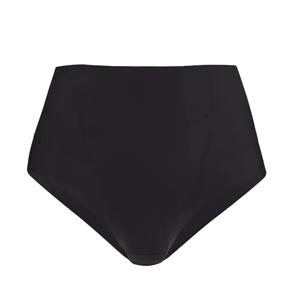 The Commando Zone Smoothing Brief is a black shapewear brief with a high-rise waist and seamless design, shown against a white background.