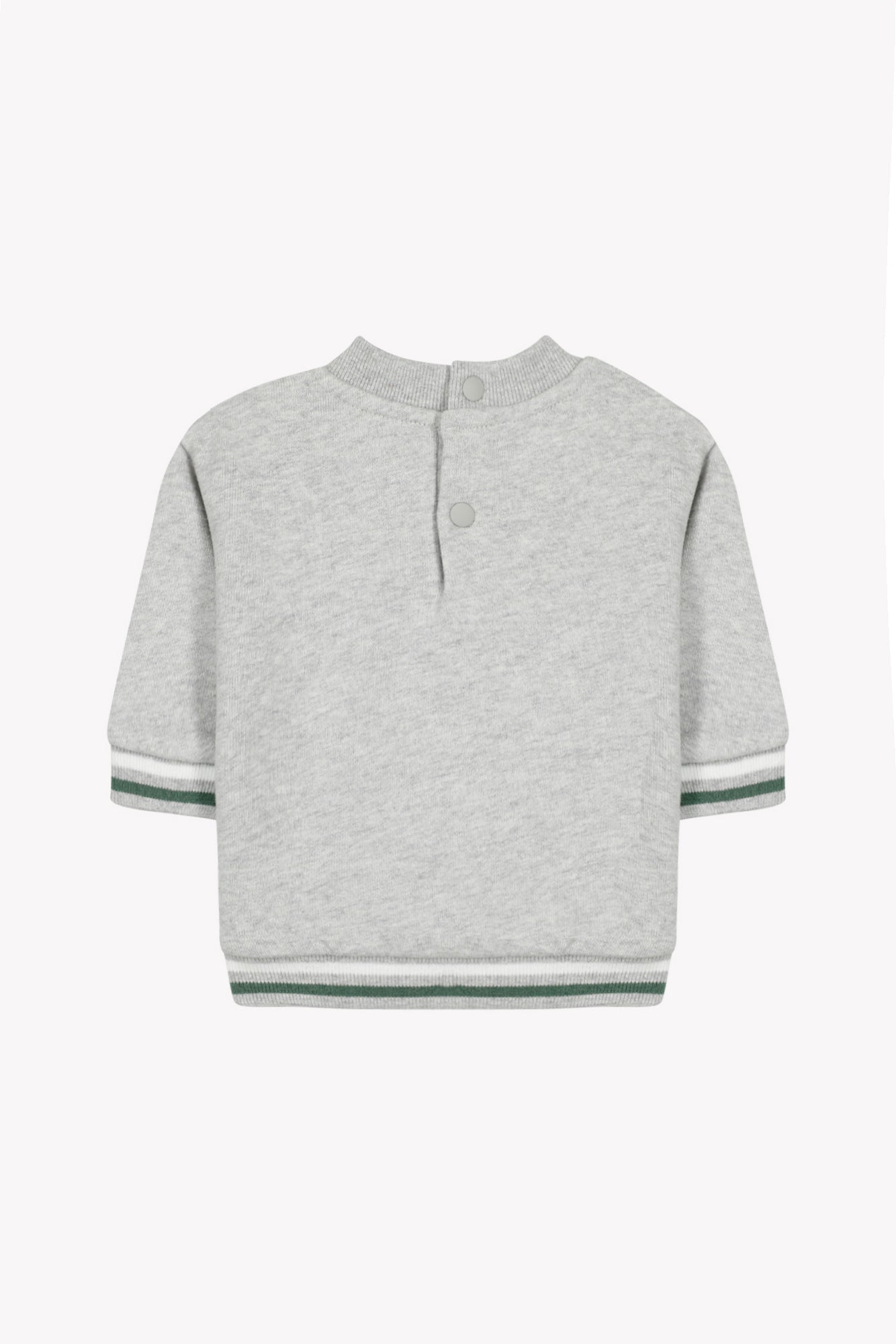 Showcased from the back, the Tartine et Chocolat Baby Boys’ and Boys’ Dinosaur Sweatshirt comes in a light heather grey shade and features snap buttons at the neck for easy dressing. Green and white striped trim accents the sleeves and hem, while its 100% cotton construction ensures everyday comfort for toddlers.