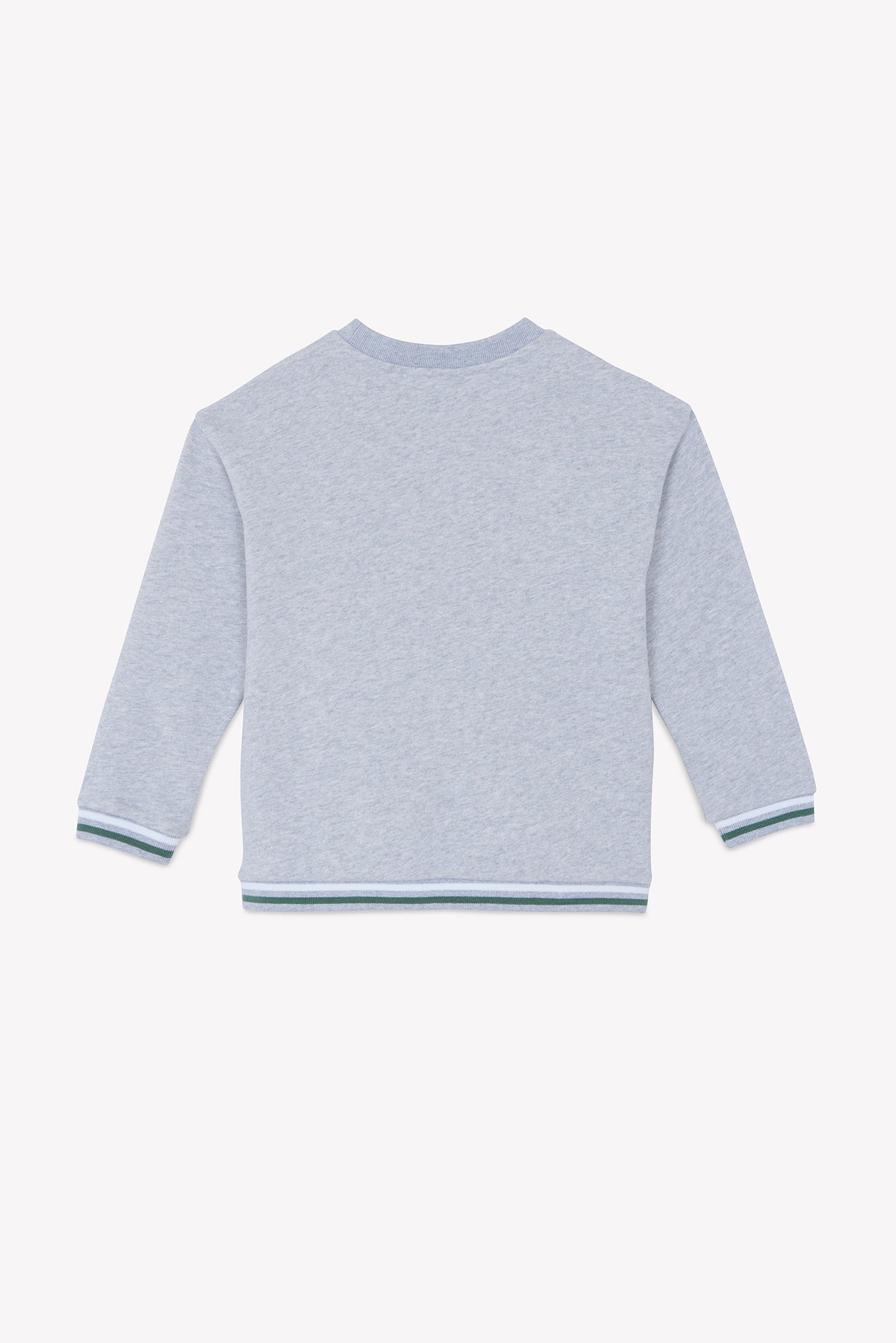The Boys’ Heather Sweatshirt by Tartine et Chocolat is displayed from the back against a plain white background, featuring a light gray color with blue and white striped trim on the cuffs and hem.