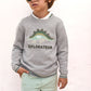 A young boy wearing sunglasses, the Tartine et Chocolat Boys’ Illustration Sweater made from 100% cotton featuring a dinosaur and the word “EXPLORATEUR,” and light green shorts stands against a plain white background.