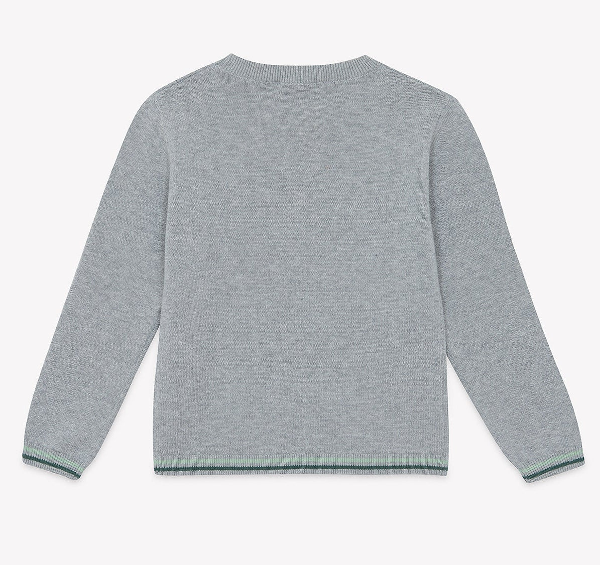 The Boys’ Illustration Sweater by Tartine et Chocolat is shown from the back in light gray, crafted from 100% cotton with ribbed cuffs, neckline, and hem accented by subtle green stripe detailing.