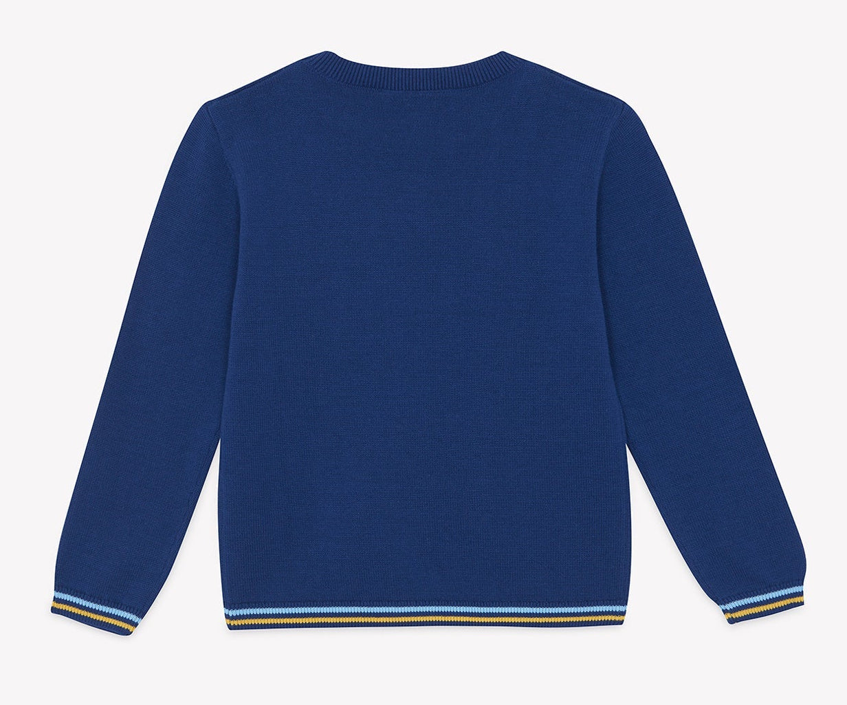 The Boys’ Illustration Sweater by Tartine et Chocolat is laid flat and viewed from the back. Made from 100% cotton, this blue long-sleeve sweater for kids features thin yellow, white, and light blue stripe accents on the cuffs and hem.