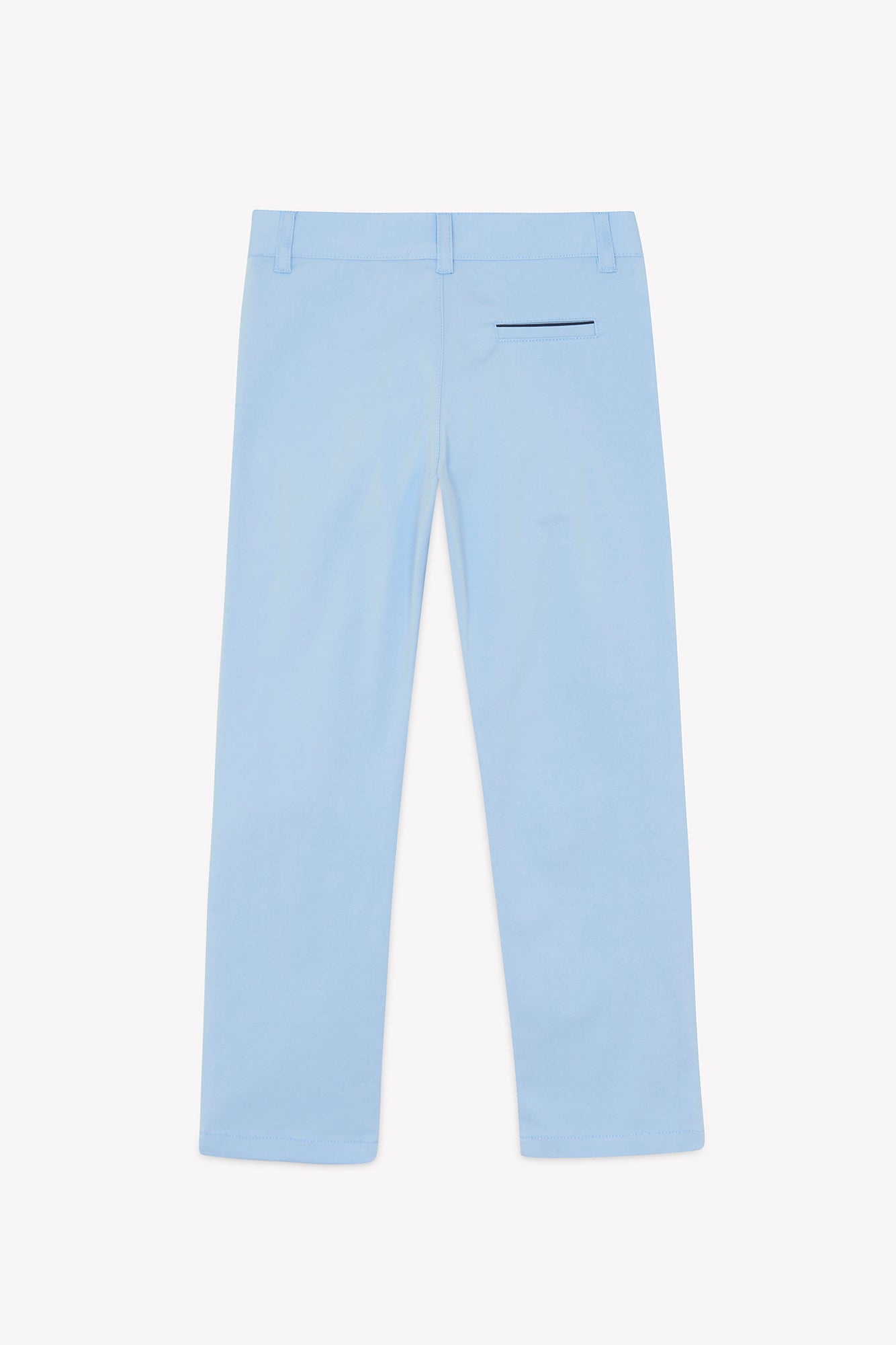 The Boys’ Cotton Trousers by Tartine et Chocolat are displayed from the back in light blue, featuring classic coastal colors, belt loops, a single back pocket with a contrasting dark trim, and straight legs—an effortless seaside essential presented against a plain white background.