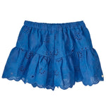 Tartine et Chocolat Girls’ Santorini Skirt-Short: A blue tiered mini skirt with an elastic waistband and delicate openwork accents, adorned with charming floral eyelet embroidery.