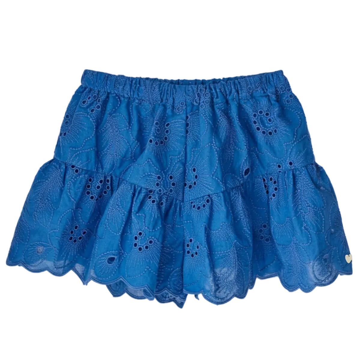 Tartine et Chocolat Girls’ Santorini Skirt-Short: A blue tiered mini skirt with an elastic waistband and delicate openwork accents, adorned with charming floral eyelet embroidery.