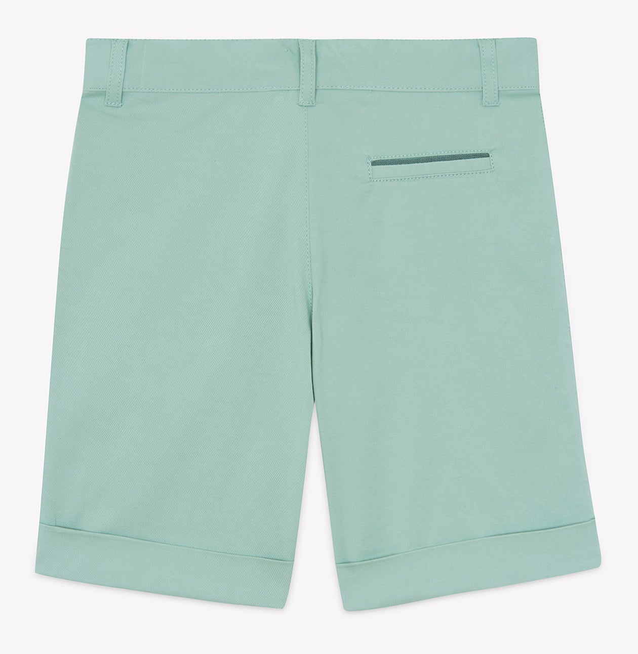 Light green Boys’ Cotton Short by Tartine et Chocolat, displayed from the back, features belt loops, a single horizontal-slit back pocket, and turned-up hems. Crafted from breathable fabric, these shorts are perfect for active play.
