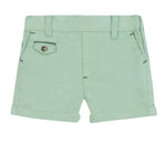 Tartine et Chocolat Baby Boys’ and Boys’ Shorts in light green cotton feature practical belt loops, a buttoned left pocket, two handy side pockets, and rolled cuffs—an ideal choice for adventurous young seaside explorers.