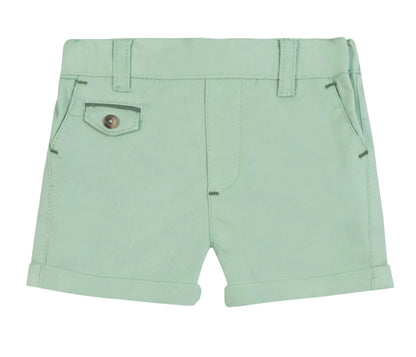 Tartine et Chocolat Baby Boys’ and Boys’ Shorts in light green cotton feature practical belt loops, a buttoned left pocket, two handy side pockets, and rolled cuffs—an ideal choice for adventurous young seaside explorers.