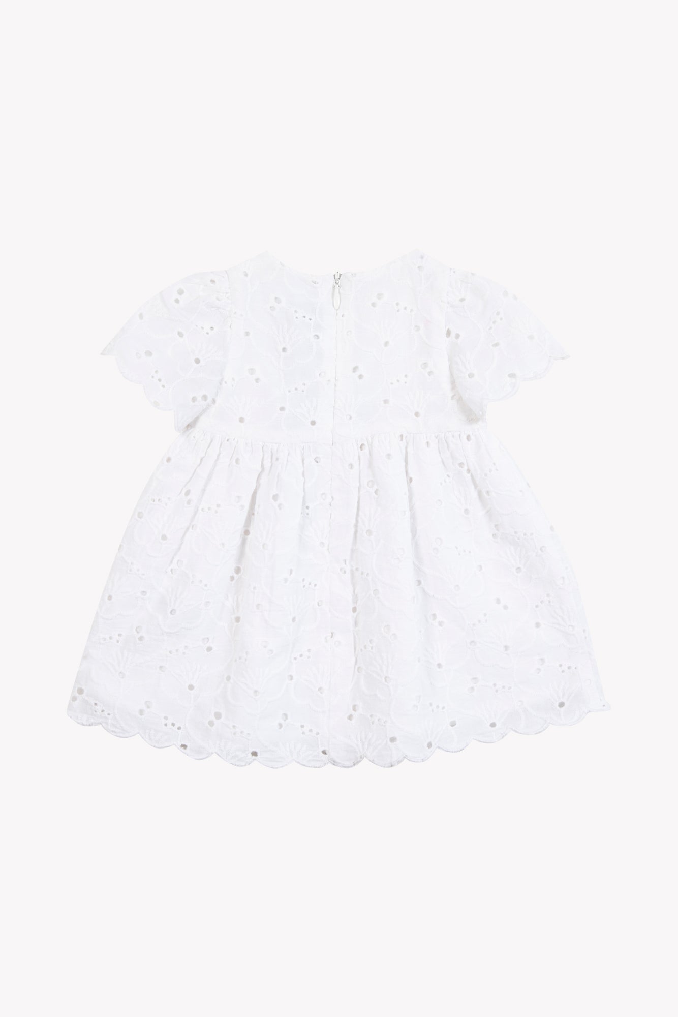 Tartine et Chocolat Baby Girls’ and Girls’ English Embroidery Cotton Dress, featuring short sleeves, delicate English embroidery, a scalloped hem, and a practical zip closure at the back, displayed on a plain white background.