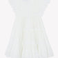The Tartine et Chocolat Girls’ Openwork Dress features ruffled sleeves, a tiered skirt, back zipper closure, and delicate embroidered floral patterns—perfect for summer.